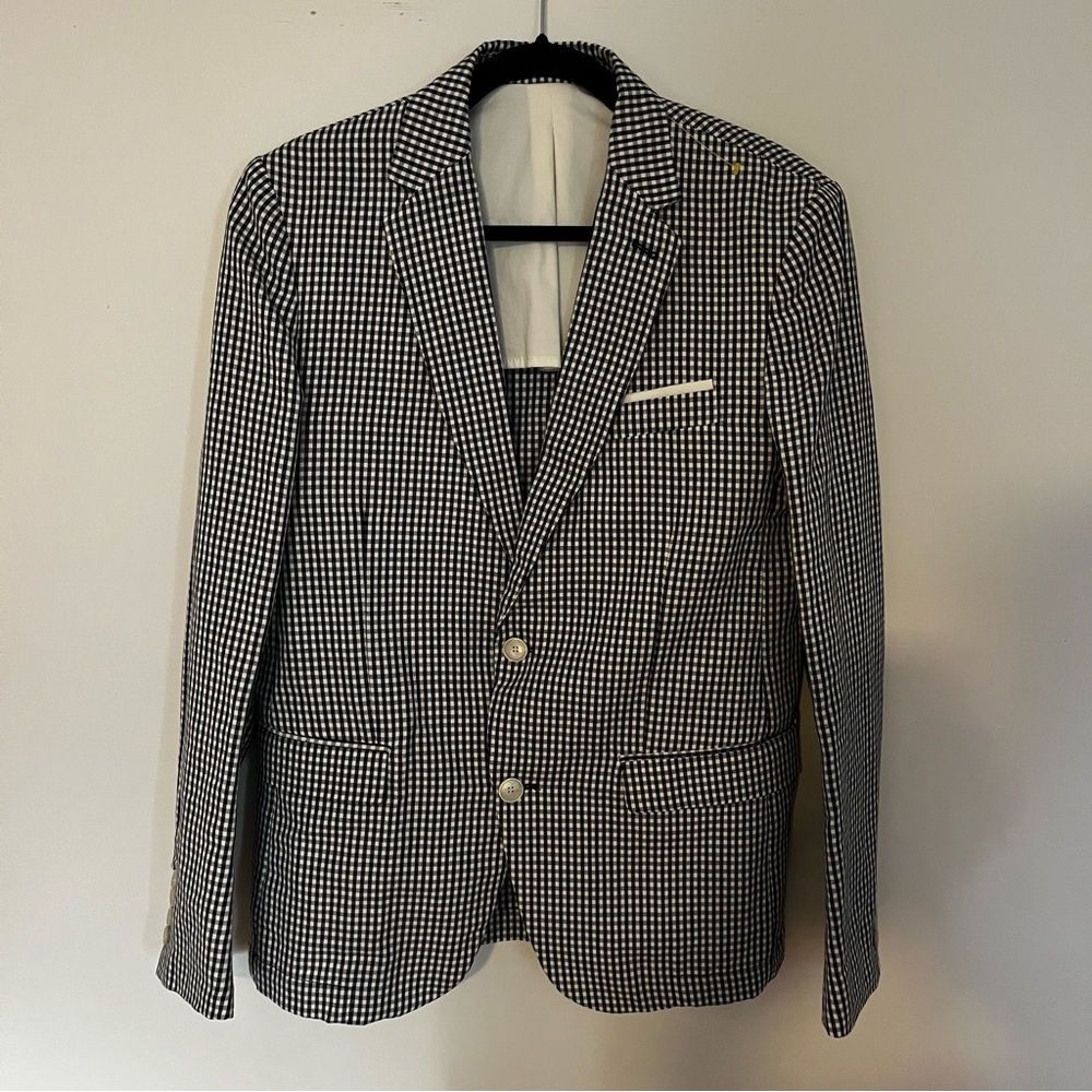Zara Man Checked Plaid Gingham Print Lightweight Blazer USA 40 EUR 50 Cotton